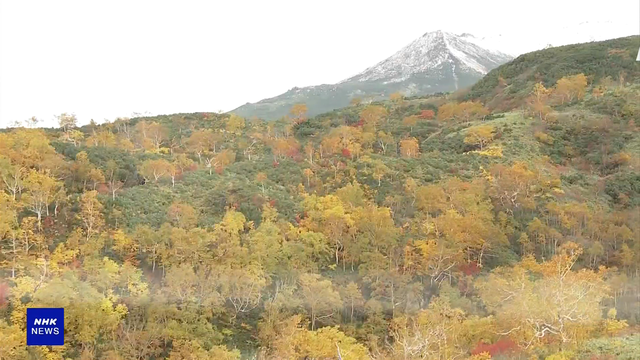 Гора Асахидакэ на Хоккайдо покрылась осенней листвой и первой снежной шапкой
