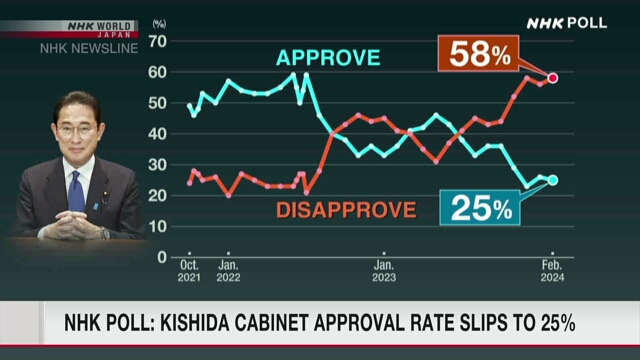 Опрос NHK показал, что уровень одобрения кабинета Кисида немного снизился до 25%